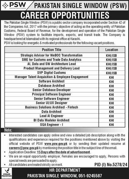 Pakistan Single Window Jobs 2025