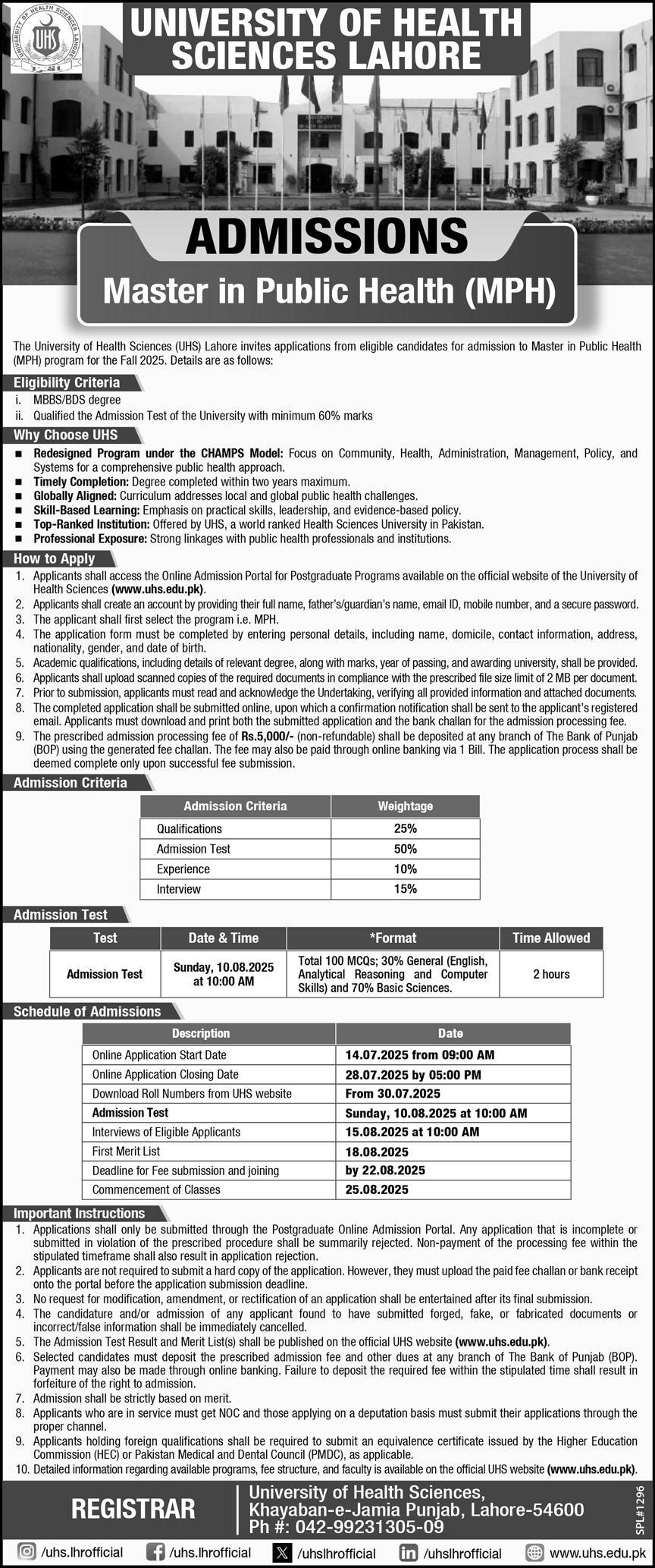 Admissions in University of Health Sciences 2025