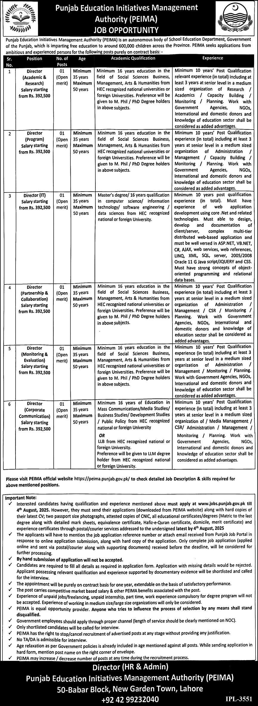 Punjab Education Initiative Management Authority Jobs